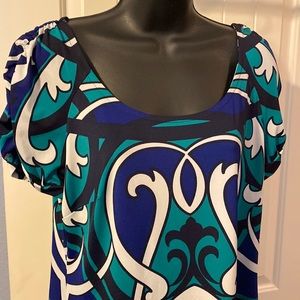 Fun print dress in blue, green, white and black